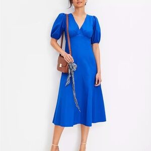 LOFT Royal Blue Midi Dress with Puff Sleeves